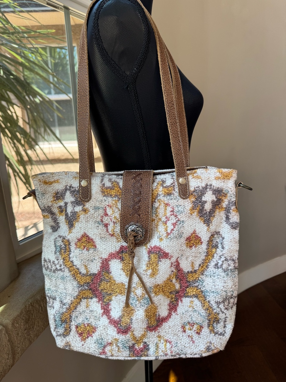 Myra Whimsical Boho Shoulder Bag Floral Tote Bag W/Leather Trim - Picture 5 of 16